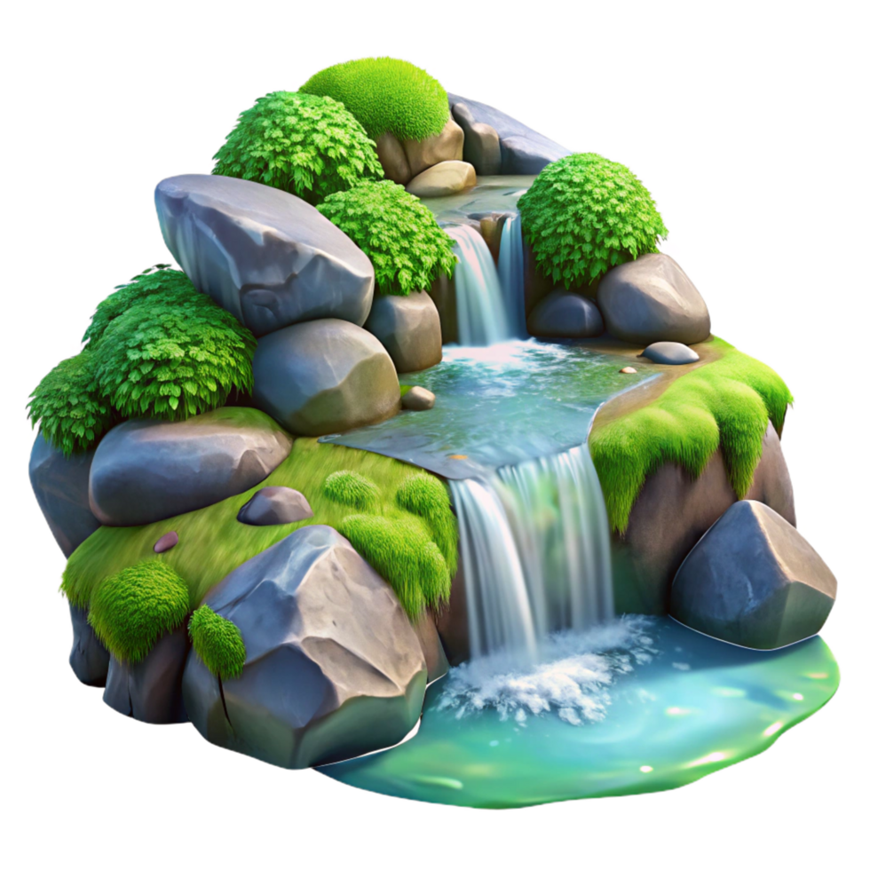 fascinating timeless A crystal clear stream cascading over moss covered rocks in a sun dappled forest. Hyperrealistic, detailed textures, vibrant colors png