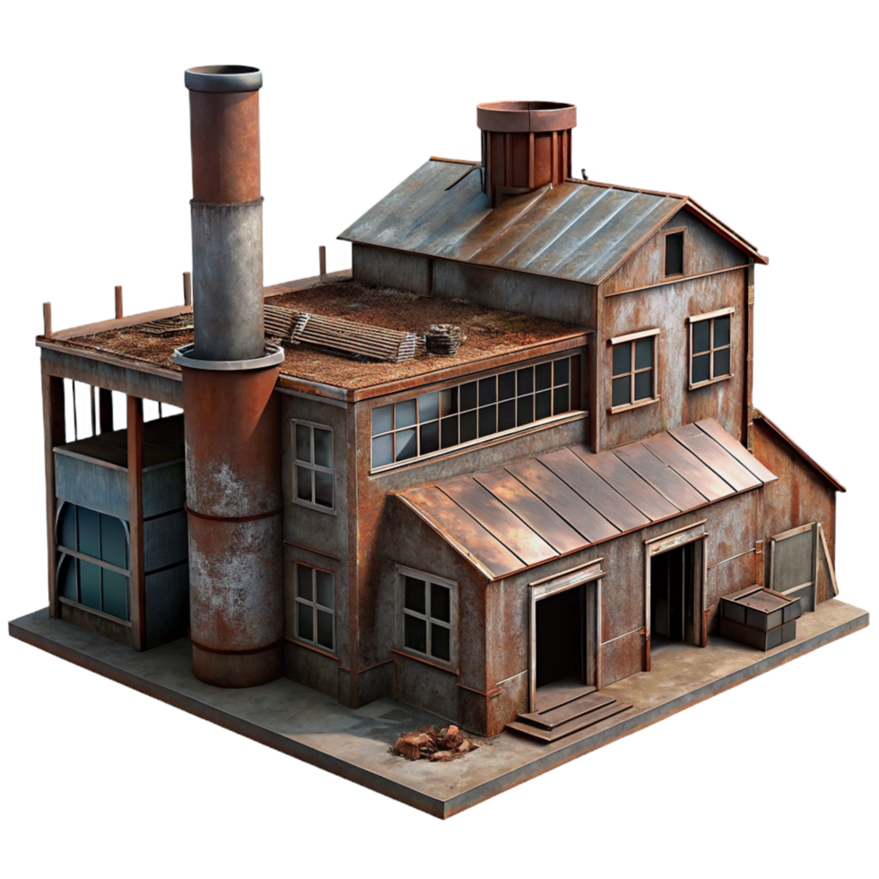 mesmerizing classic An abandoned industrial factory, rusted metal and broken windows, dim lighting, gritty realism, decaying urban landscape, post apocalyptic feel expertly shot png