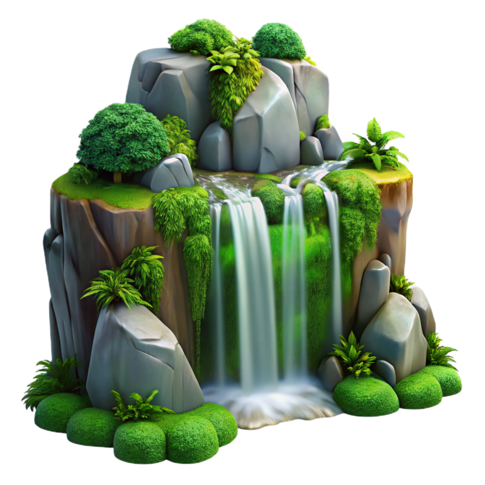 acclaimed rustic A waterfall cascading down mossy rocks, lush green foliage, tranquil and serene, long exposure photography, perfect clarity png