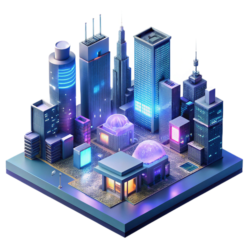 joyful pristine A futuristic cityscape at night, towering holographic advertisements shimmering in the rain slicked streets, viewed from a high angle, cinematic lighting, dystopian style top tier png