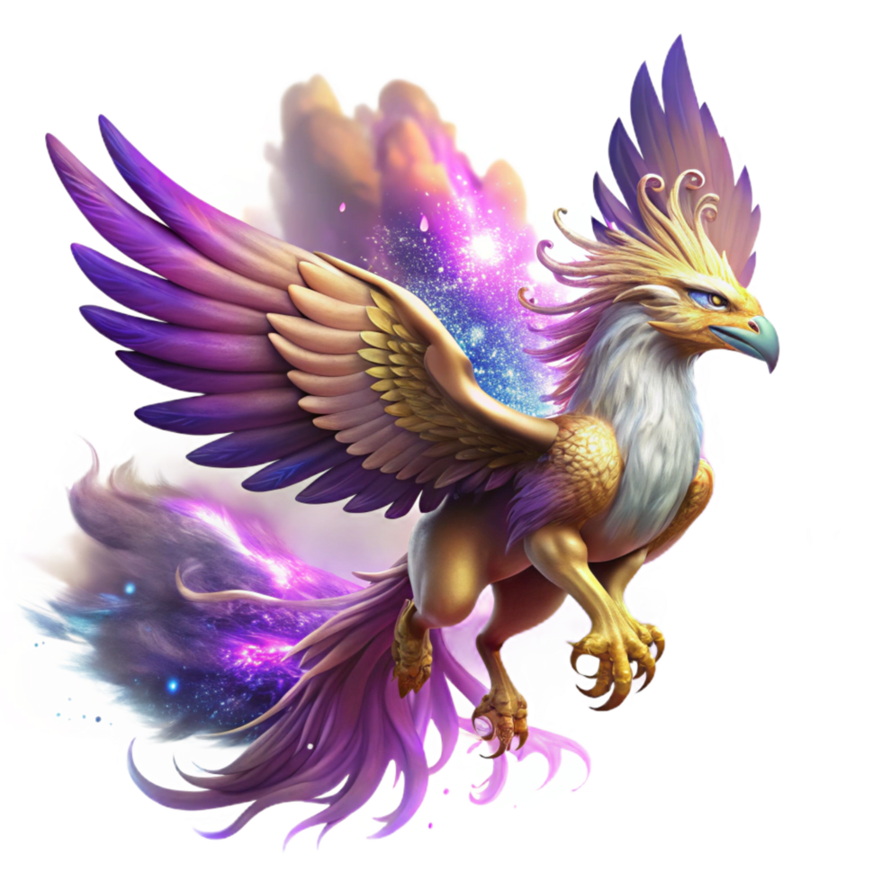mesmerizing reflective coastal A majestic griffin with iridescent feathers soaring through a swirling nebula of purple and gold, dramatic lighting, digital painting style studio quality png