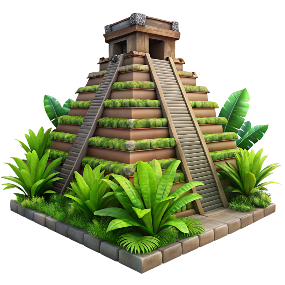 peaceful impressive An ancient Mayan pyramid overgrown with jungle vegetation, dappled sunlight, photorealistic style premium png
