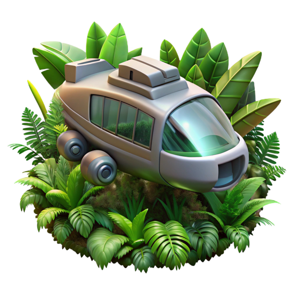 alluring distinguished A futuristic vehicle flying through a dense jungle, green and brown hues, matte painting style png