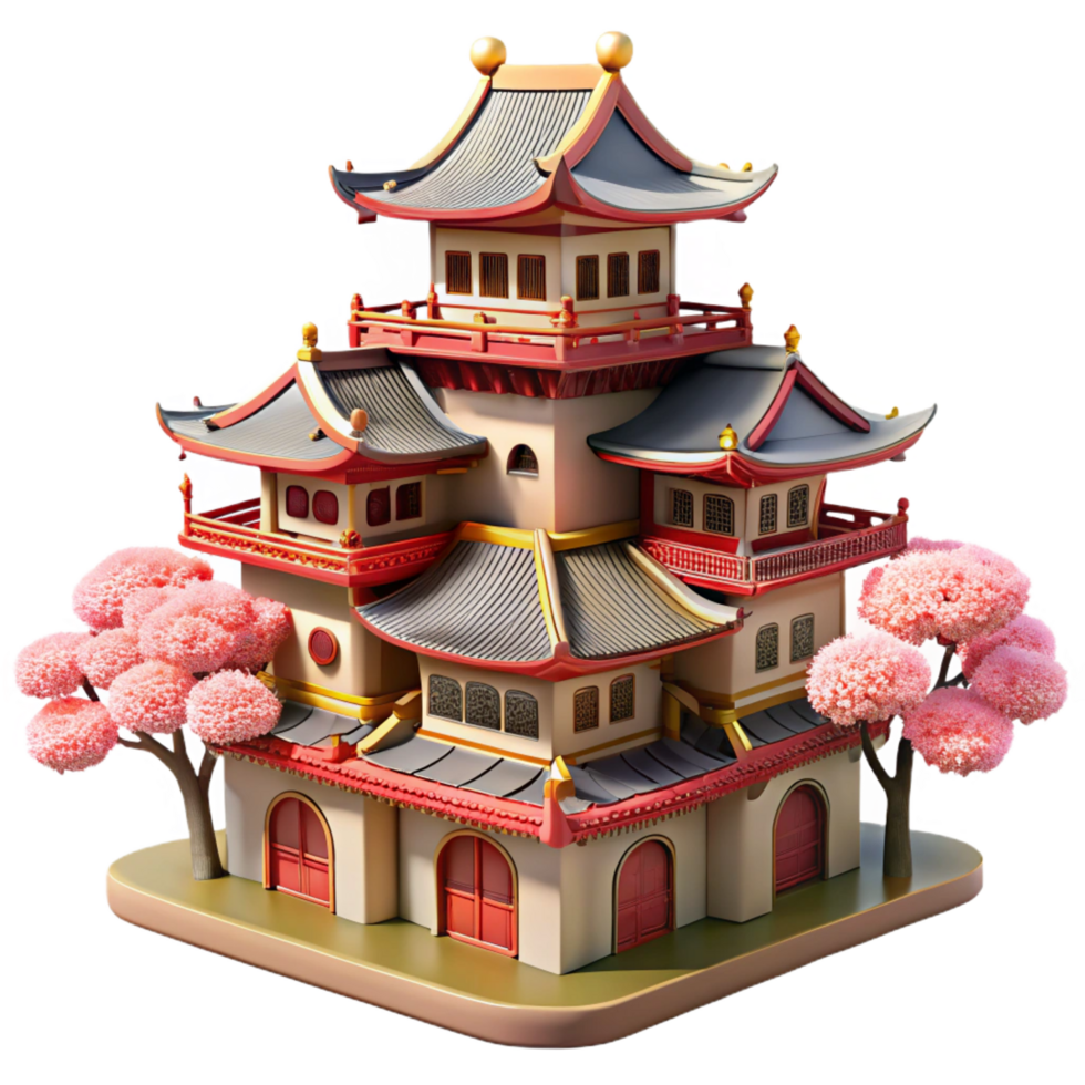 dramatic distinctive A traditional Japanese castle, ornate details, cherry blossoms in bloom, springtime atmosphere, historical style, png
