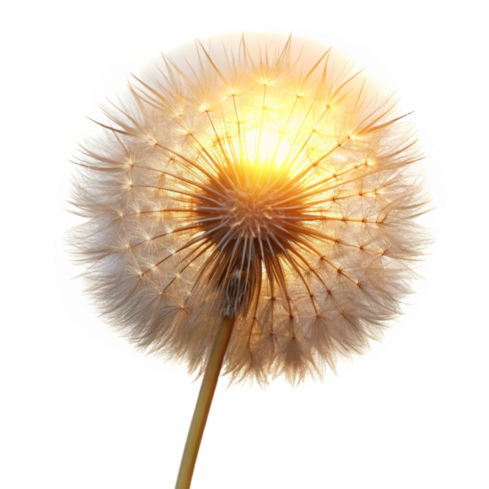 peaceful extraordinary A single dandelion seed head, backlit by a golden sunset, delicate fibers glowing, intricate details visible, macro photography style refined png