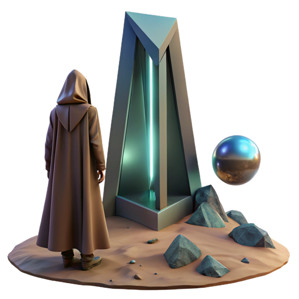 dramatic acclaimed A lone figure in a hooded cloak stands before a giant, monolithic structure on a desolate alien planet. Mysterious, low key lighting. Sci fi mystery style png