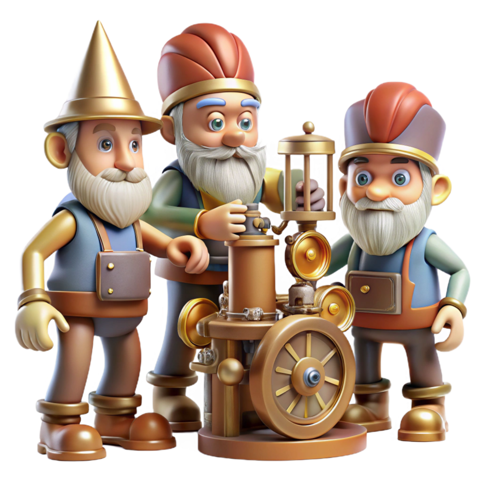 pristine unforgettable A group of gnomes crafting intricate clockwork devices in a dimly lit workshop, steampunk style png