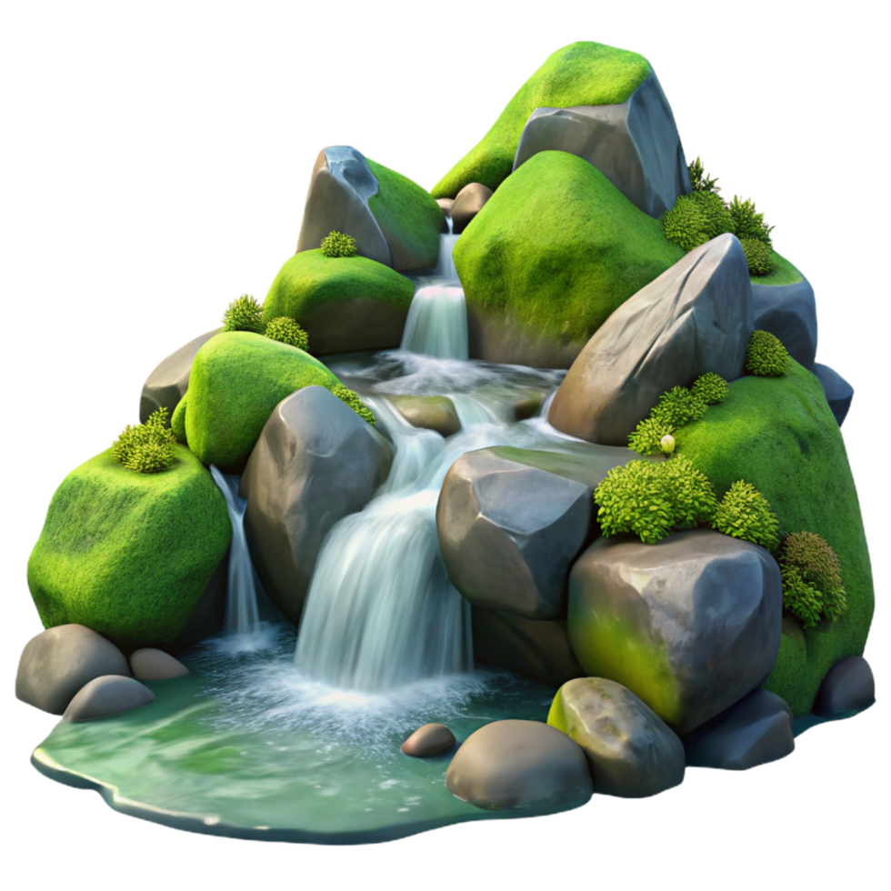exceptional retro A crystal clear mountain stream cascading over smooth rocks, surrounded by lush green moss, photorealistic style genuine png