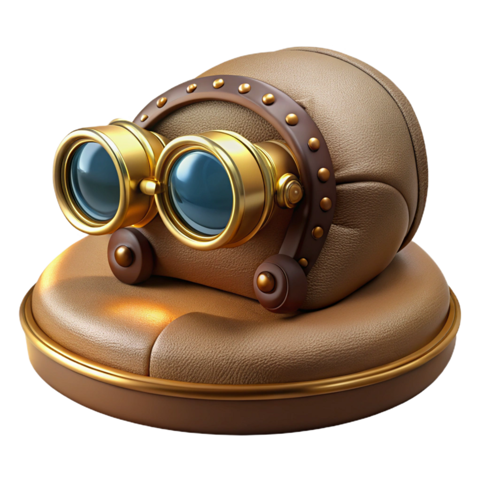 sought after avant garde A single steampunk goggles, intricate brass and leather details, resting on a velvet cushion, dramatic spotlight from above high resolution png