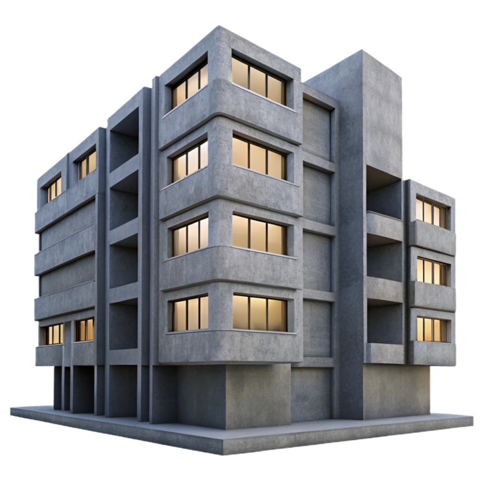 dramatic tropical A Brutalist concrete apartment complex, overcast sky with subtle light gradients, architectural photography style perfect clarity png