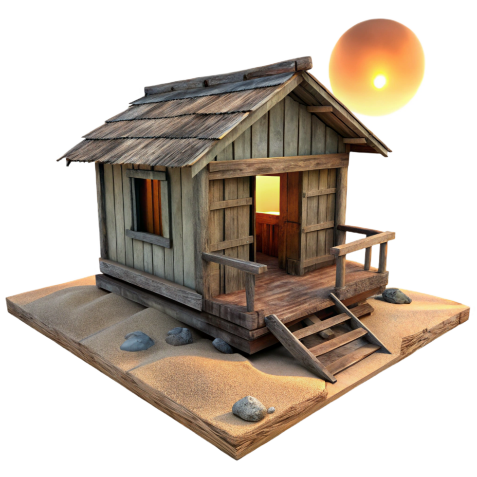 impressive impressionist A dilapidated wooden shack on a remote beach, sunset lighting, weathered wood textures, melancholic atmosphere, sense of isolation high resolution png