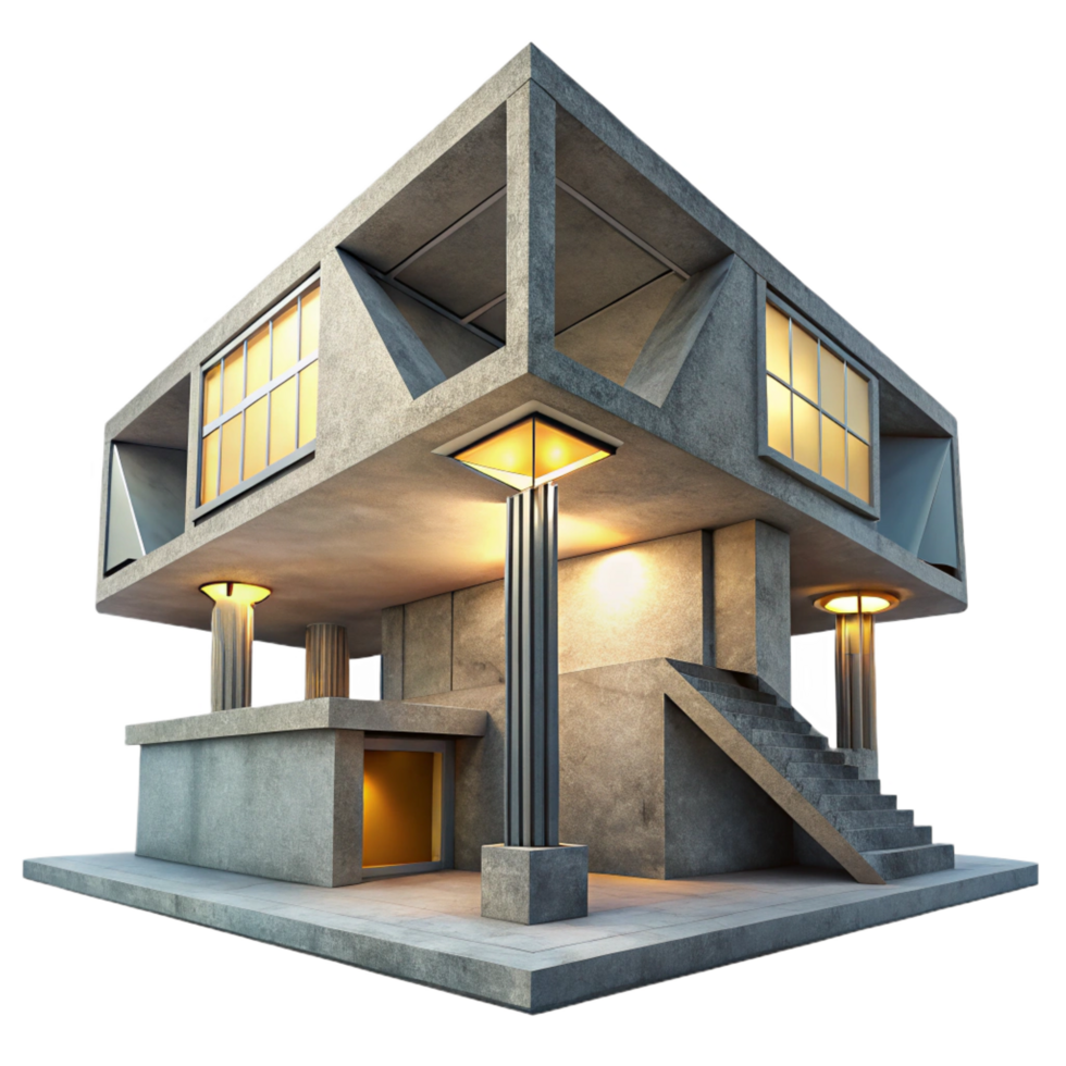 gorgeous joyful abstract Brutalist concrete library, stark geometric shapes, harsh overhead lighting, architectural photography style fine detail png