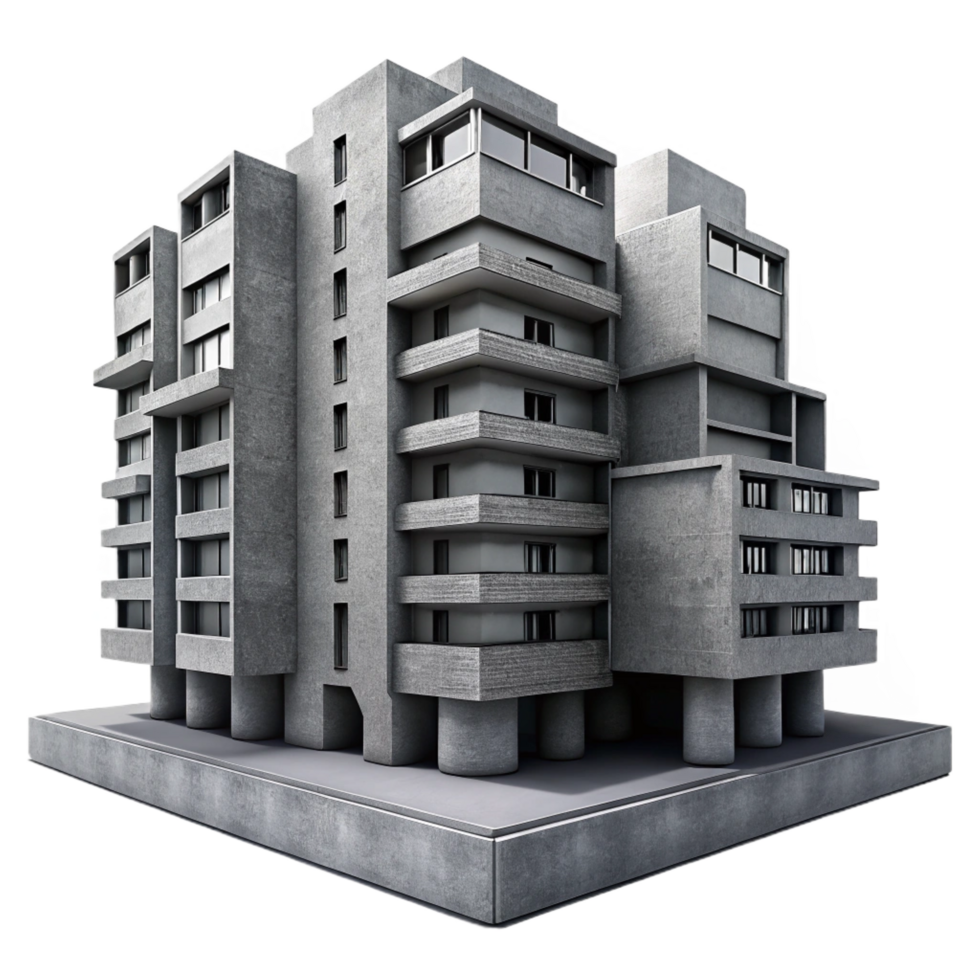 gorgeous iconic A Brutalist concrete apartment complex, harsh shadows, grayscale, industrial aesthetic, low angle, png