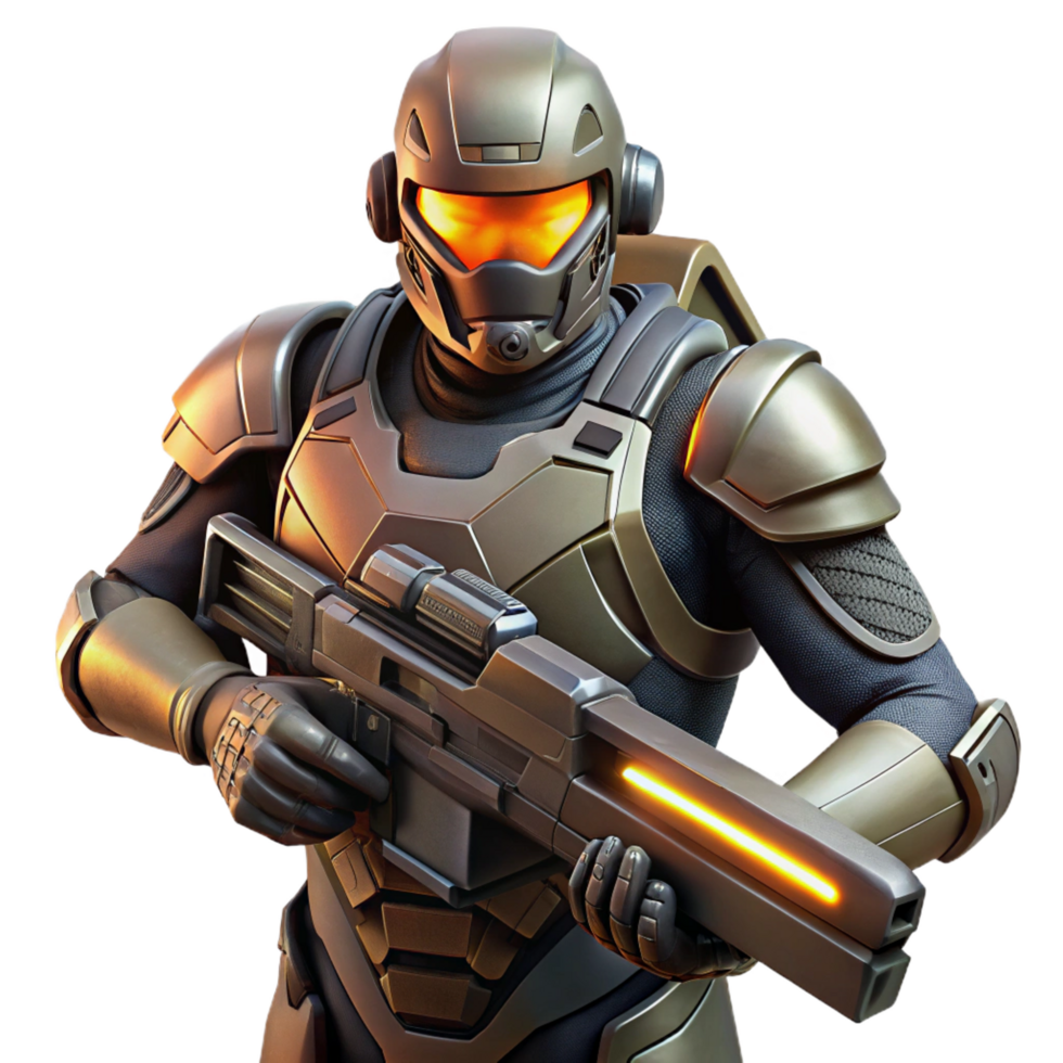 memorable classic A futuristic soldier wearing power armor, holding a plasma rifle, dark and gritty style ultra HD png