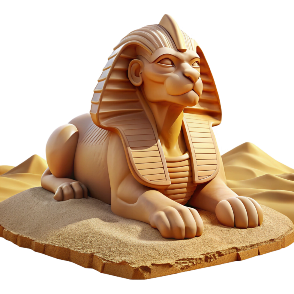 elegant sought after A powerful sphinx posing a riddle in the desert, sand swirling around its majestic form, harsh midday sun. Egyptian art style png