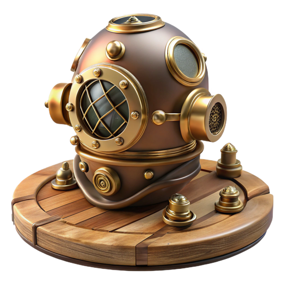 remarkable organic A steampunk diver helmet, brass and glass, resting on a wooden table with scattered tools. Cool, ambient lighting. Vintage photograph style authentic png
