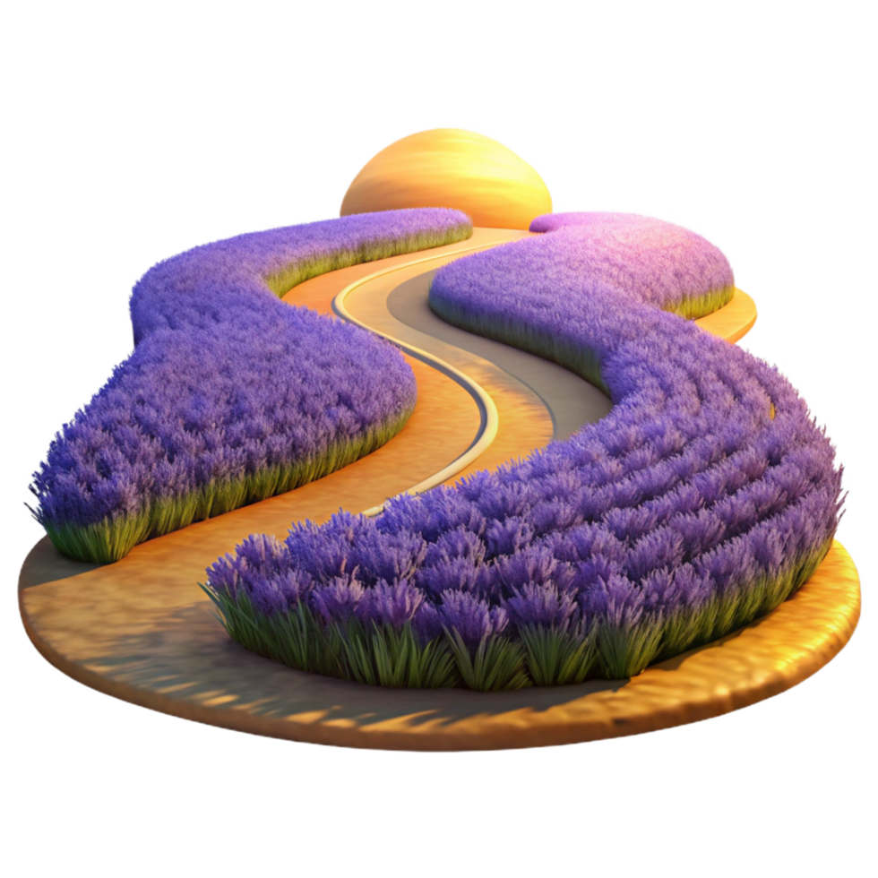 gorgeous unparalleled A winding dirt road through a field of lavender at sunset, painterly style, warm golden light png