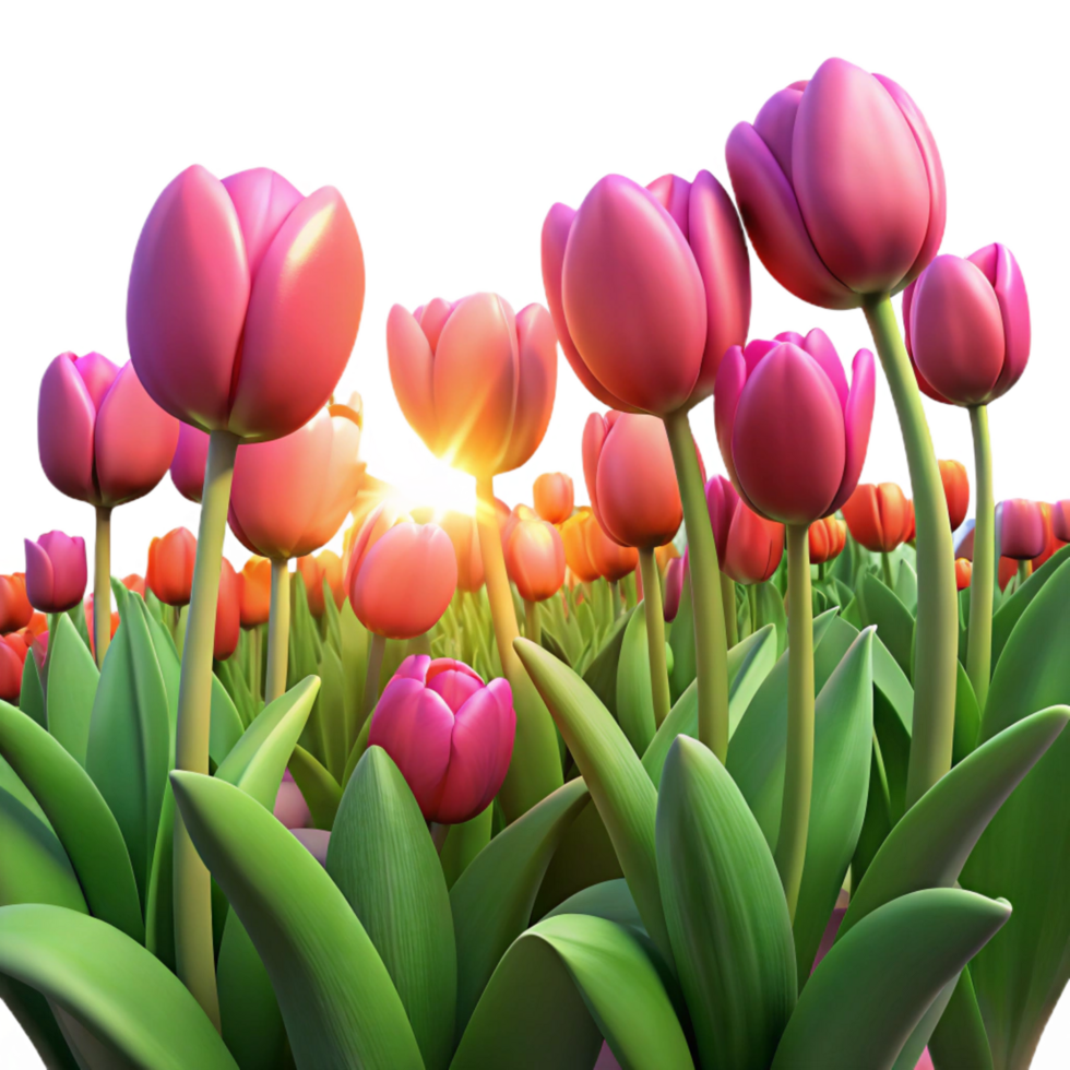 majestic artistic A field of tulips in full bloom, vibrant colors, dutch angle, midday sun crisp png