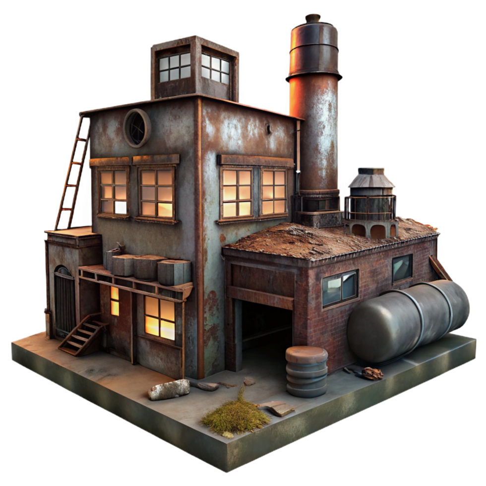 gorgeous retro An abandoned industrial factory with rusting machinery and broken windows, dim ambient light, dystopian style authentic png
