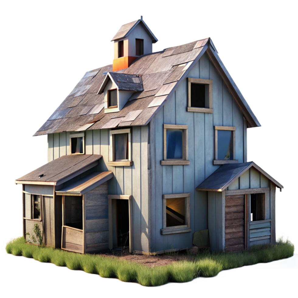 vibrant melancholic classic An abandoned farmhouse with peeling paint and broken windows, overcast sky with subtle light gradients, rural landscape photography style artisan png