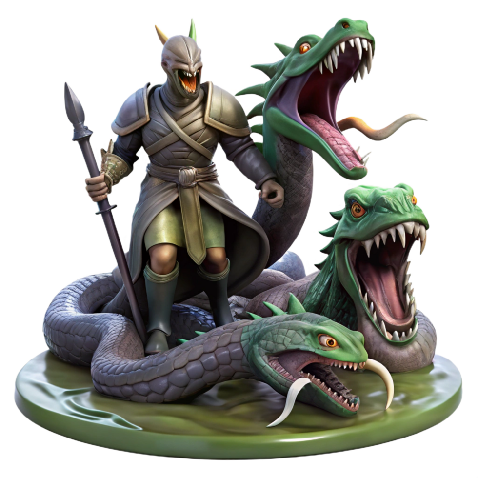 unparalleled artistic A noble knight battling a monstrous hydra in a swampy mire. Dark, dramatic lighting, baroque style ultra HD png
