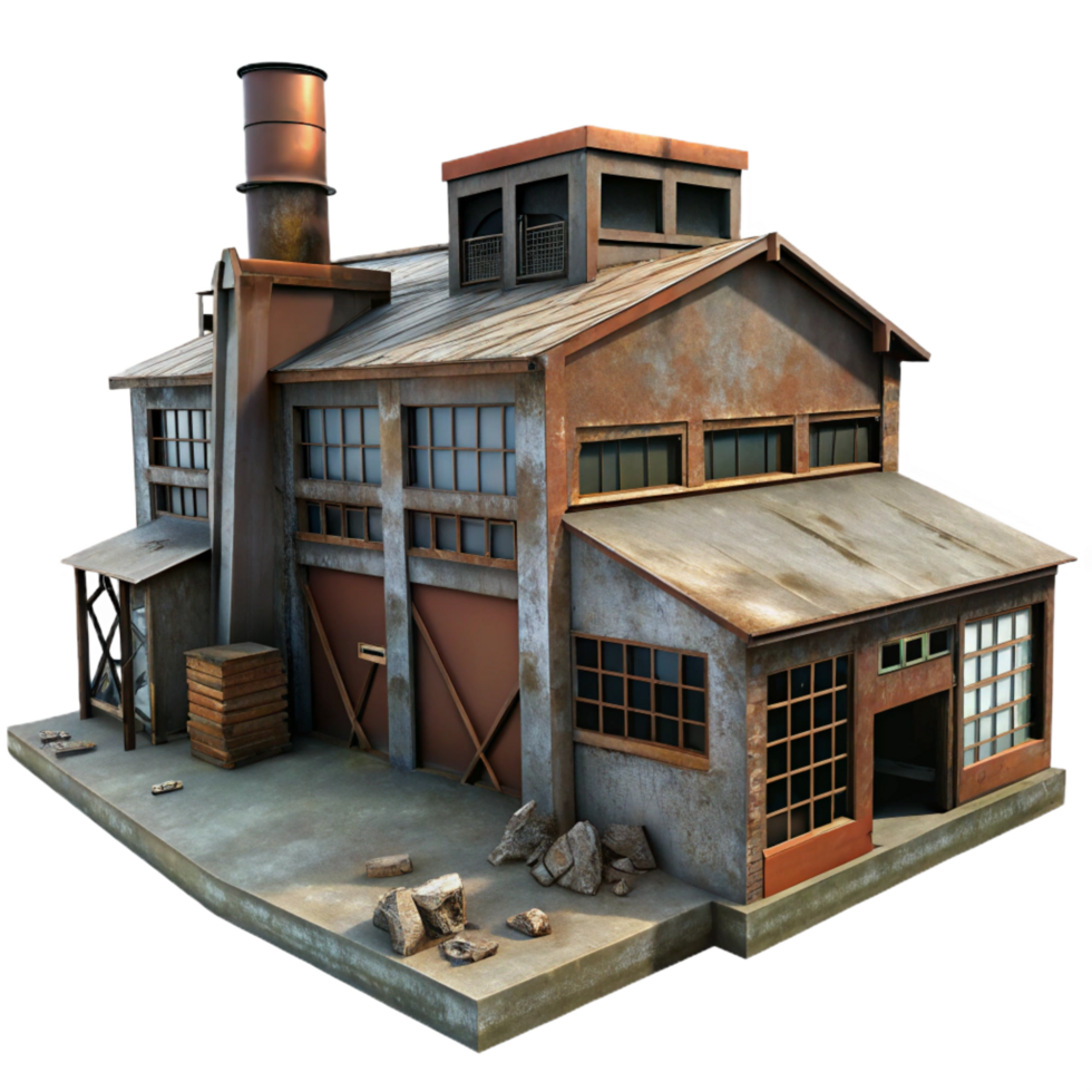 striking rustic An abandoned industrial complex, rusty metal, broken windows, overcast lighting, studio quality png