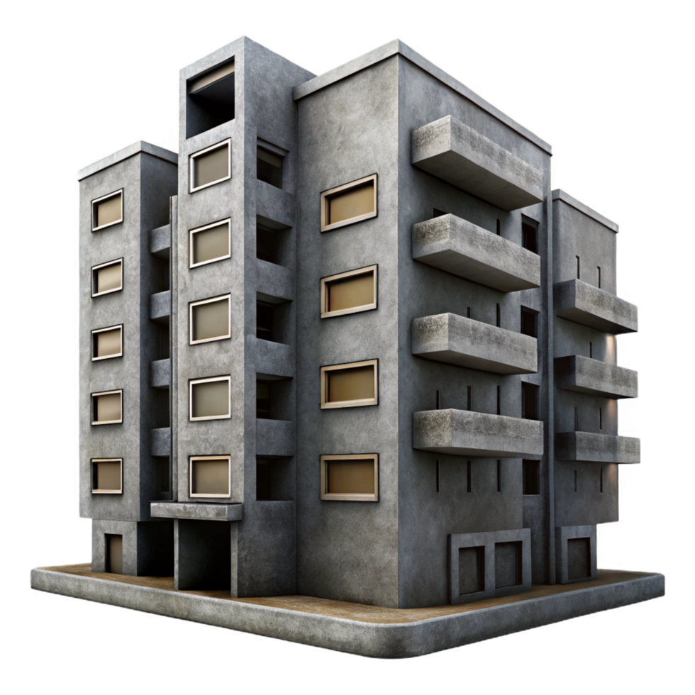 serene creative Brutalist concrete apartment block, overcast sky, gritty realism, urban photography style, luxury png
