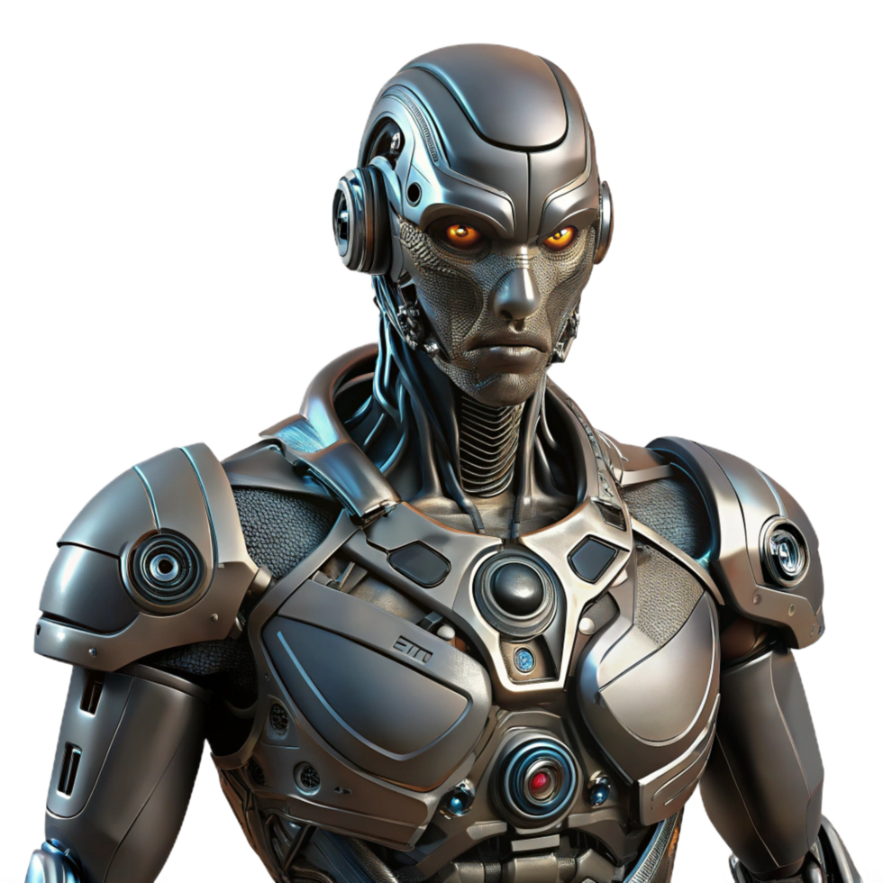 melancholic majestic A cyborg with intricate mechanical augmentations, dark and gritty style studio quality png