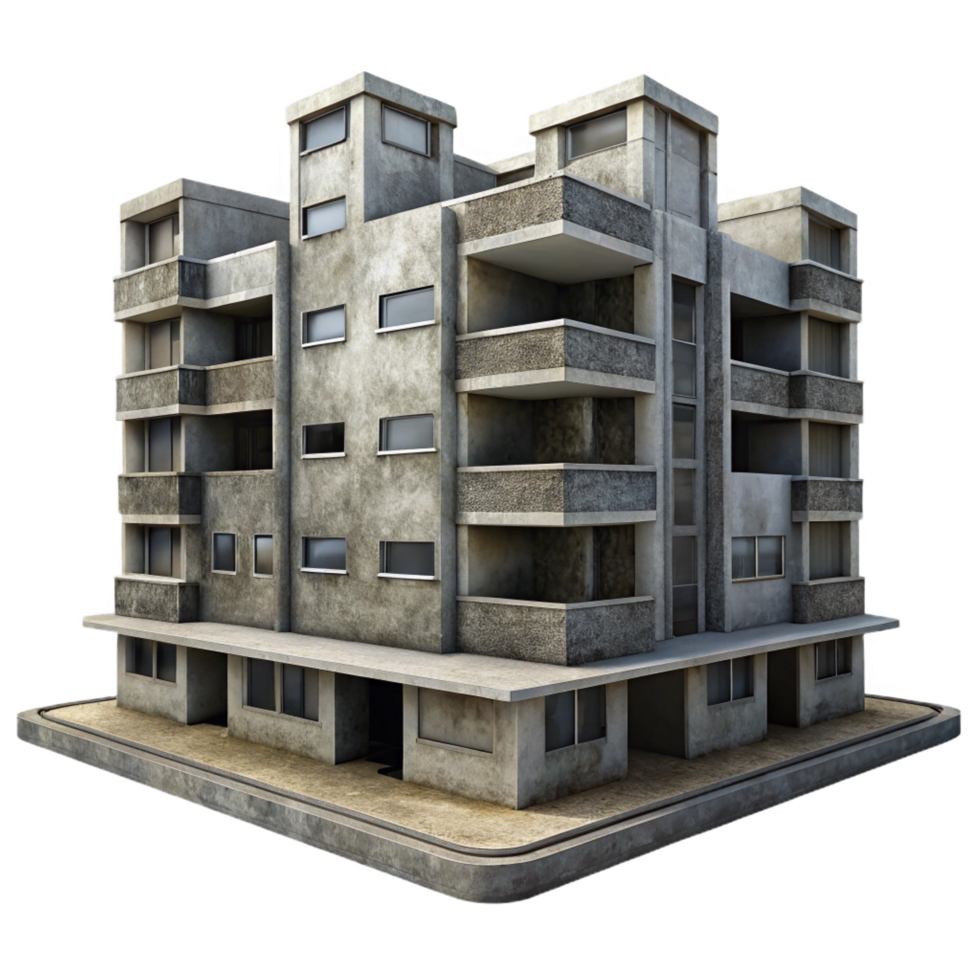 dramatic coveted A Brutalist concrete apartment complex, harsh shadows, graffiti art, urban decay, gritty realism png