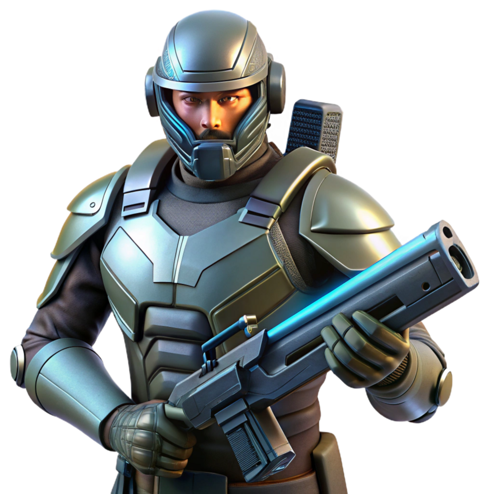 calm spectacular A futuristic soldier wearing power armor, holding a plasma rifle, dark and gritty style refined png