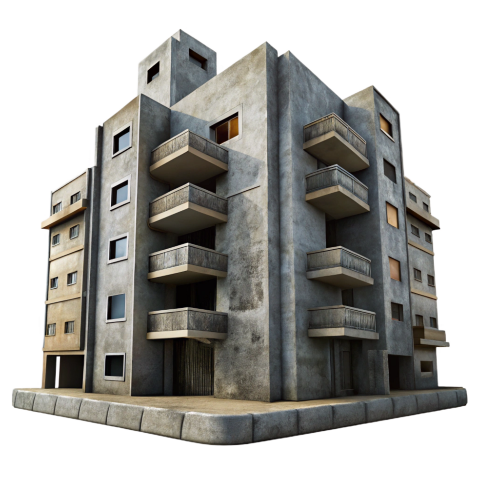 ethereal exquisite A Brutalist concrete apartment complex, harsh shadows, graffiti art, urban decay, gritty realism original png