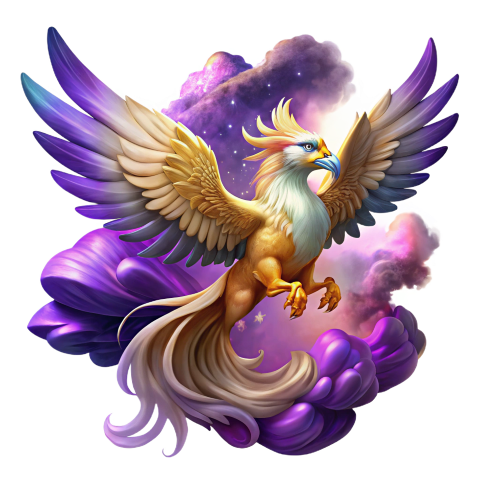 celebrated art deco A majestic griffin with iridescent feathers soaring through a swirling nebula of purple and gold, dramatic lighting, digital painting style gallery standard png