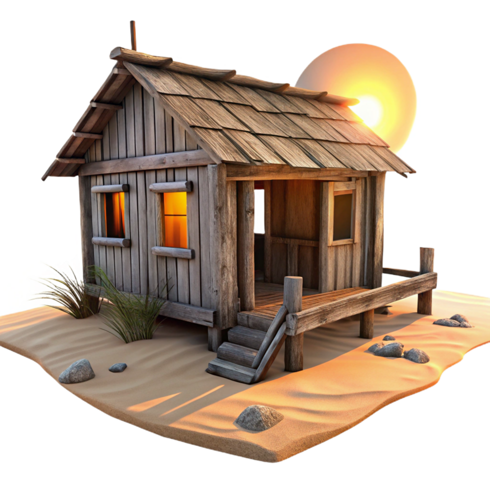 mysterious pristine A dilapidated wooden shack on a remote beach, sunset lighting, weathered wood textures, melancholic atmosphere, sense of isolation high quality png