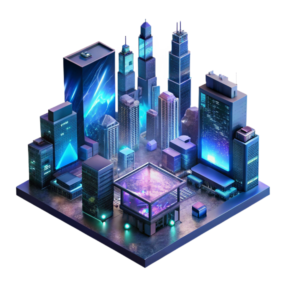 majestic traditional A futuristic cityscape at night, towering holographic advertisements shimmering in the rain slicked streets, viewed from a high angle, cinematic lighting, dystopian style luxury png