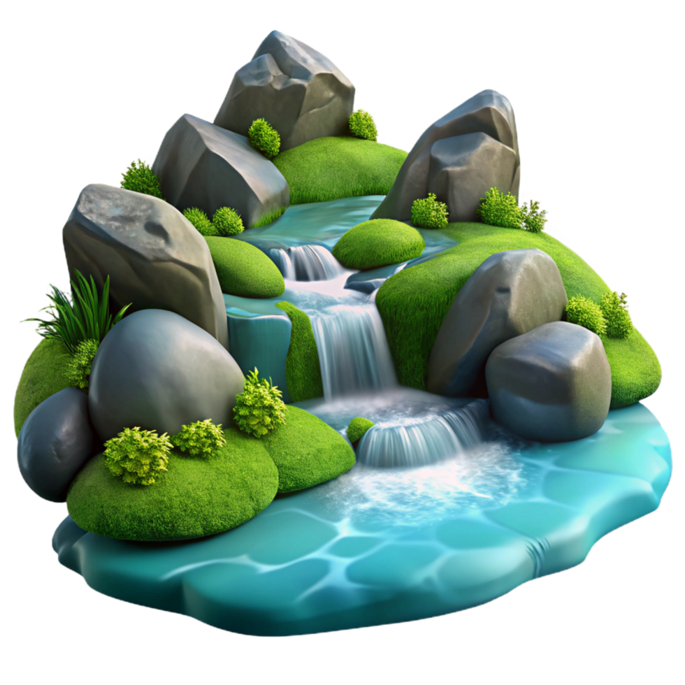 wonderful elegant A crystal clear mountain stream cascading over smooth rocks, surrounded by lush green moss, photorealistic style high quality png
