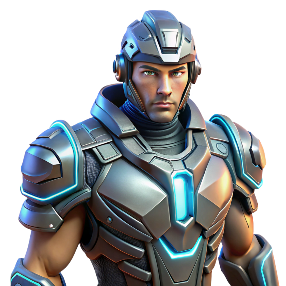 magnificent memorable A futuristic soldier wearing powered armor, intricate details and glowing accents, dark background, sci fi style png