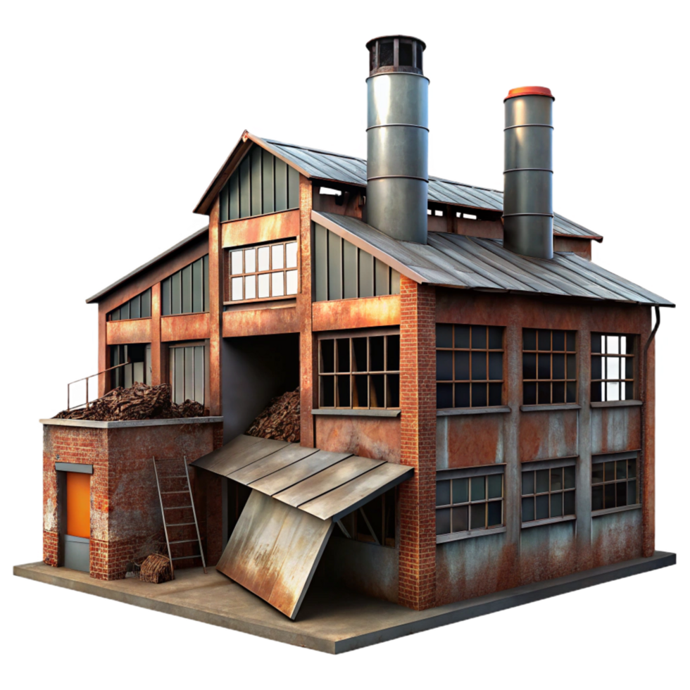 vibrant sought after An abandoned industrial complex, rusty metal, broken windows, overcast lighting, png