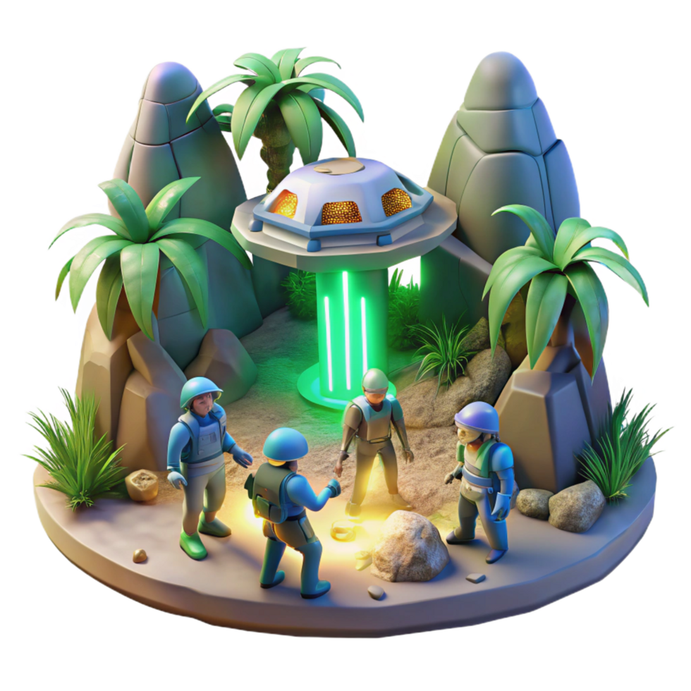 passionate breathtaking A group of explorers discovering a hidden alien temple on a jungle planet. Pulp sci fi style. Adventure lighting gallery standard png