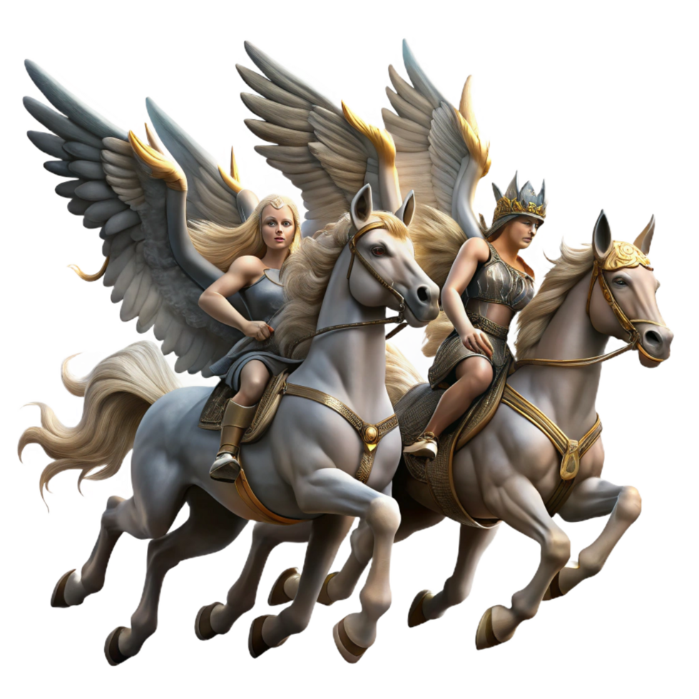 exquisite creative A group of Valkyries riding winged horses across a stormy sky, carrying fallen warriors to Valhalla. Norse mythology, dramatic lighting perfect clarity png