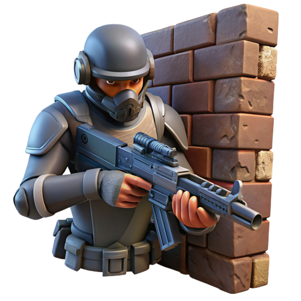 captivating sought after A futuristic soldier, armed with a plasma rifle, takes cover behind a crumbling wall in a war torn cityscape. Gritty, realistic lighting. Military sci fi style png