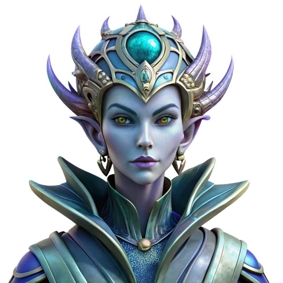 striking exemplary A portrait of an alien queen with elaborate headdress and regal attire, rich details, dramatic lighting, painted in a fantasy art style png