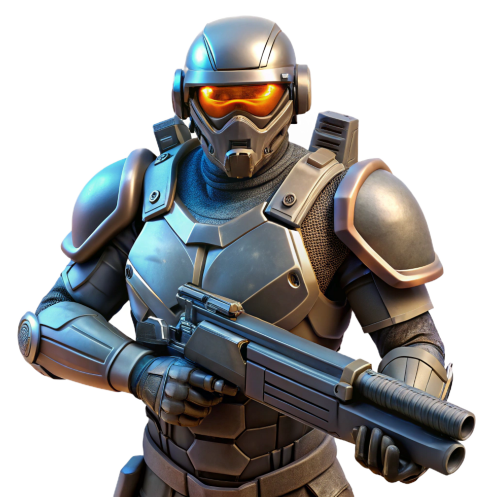 whimsical striking A futuristic soldier wearing power armor, holding a plasma rifle, dark and gritty style flawless png
