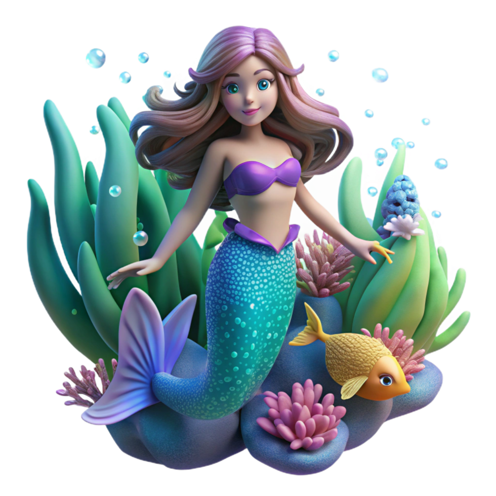 exquisite inspired A beautiful mermaid with shimmering scales and flowing hair swimming through a coral reef filled with glowing fish, vibrant, underwater lighting, fantasy art style png