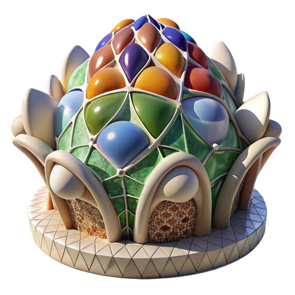 majestic avant garde Gaudi inspired organic architecture, vibrant mosaic tiles, bright sunlight, swirling shapes and textures, dreamlike quality, Antoni Gaudi s signature style studio quality png