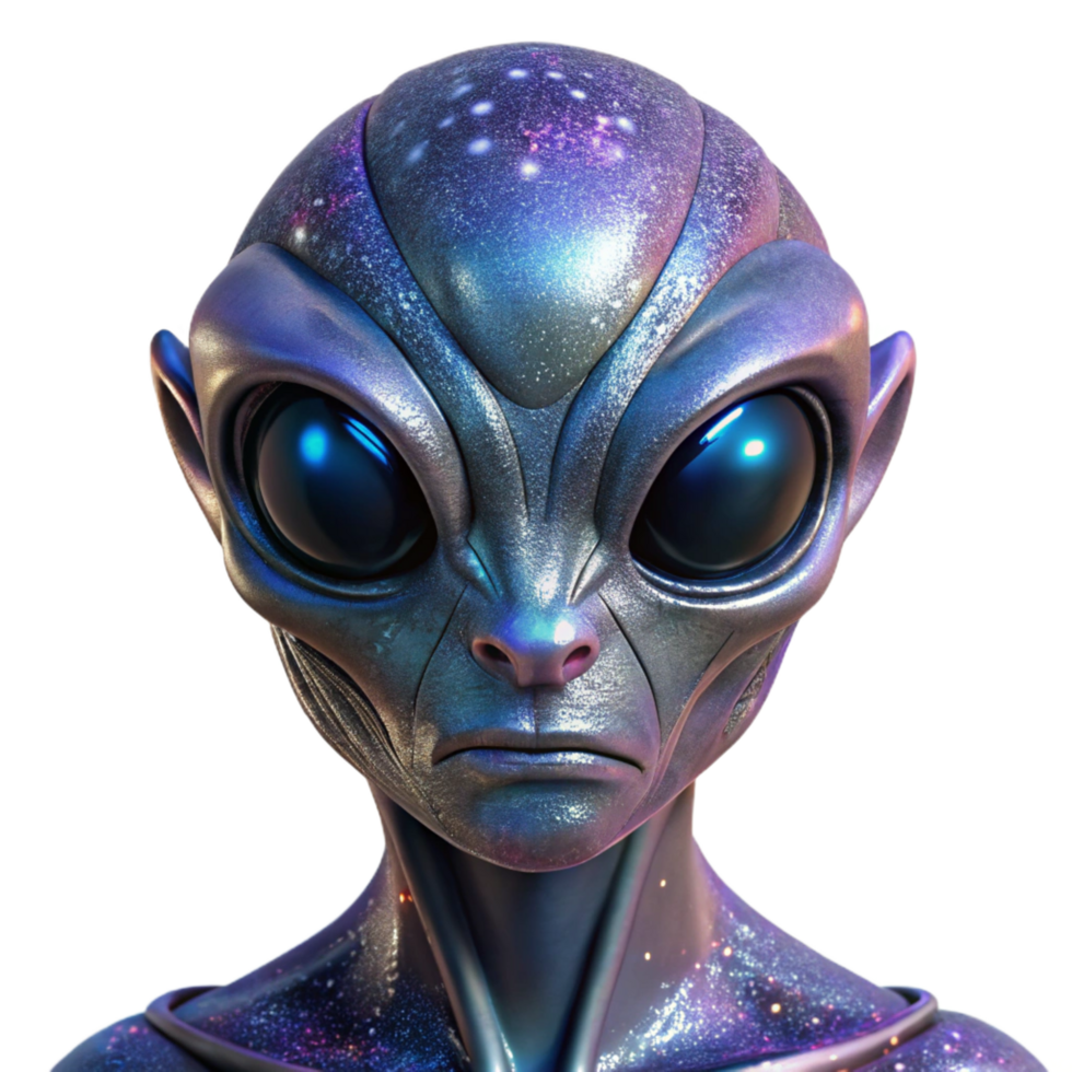 standout artistic A highly detailed, close up portrait of an alien with shimmering, metallic skin and multifaceted eyes, reflecting a vibrant nebula. Digital painting style studio quality png
