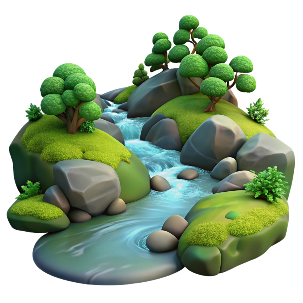 wonderful standout A babbling brook flowing through a forest, mossy rocks, tranquil and serene, long exposure, png