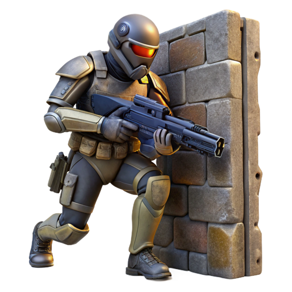 gorgeous artistic A futuristic soldier, armed with a plasma rifle, takes cover behind a crumbling wall in a war torn cityscape. Gritty, realistic lighting. Military sci fi style crisp png