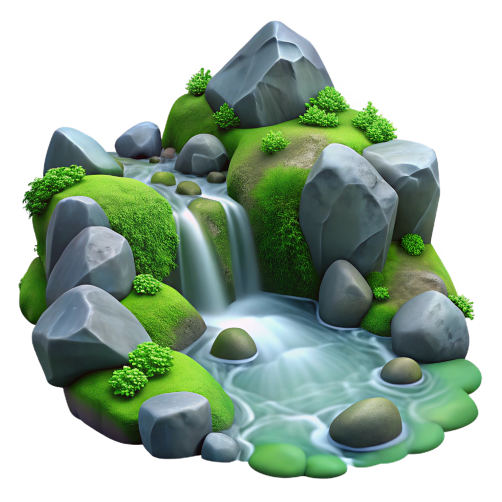 magnificent dreamy nordic A crystal clear mountain stream cascading over smooth rocks, surrounded by lush green moss, photorealistic style 8K png