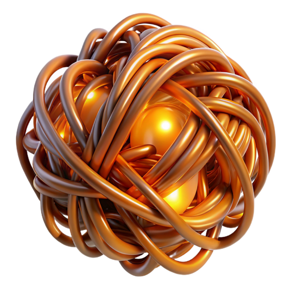exemplary avant garde A tangled mass of wires and cables forming an abstract, organic shape, illuminated by a warm, amber light, cyberpunk style precision png