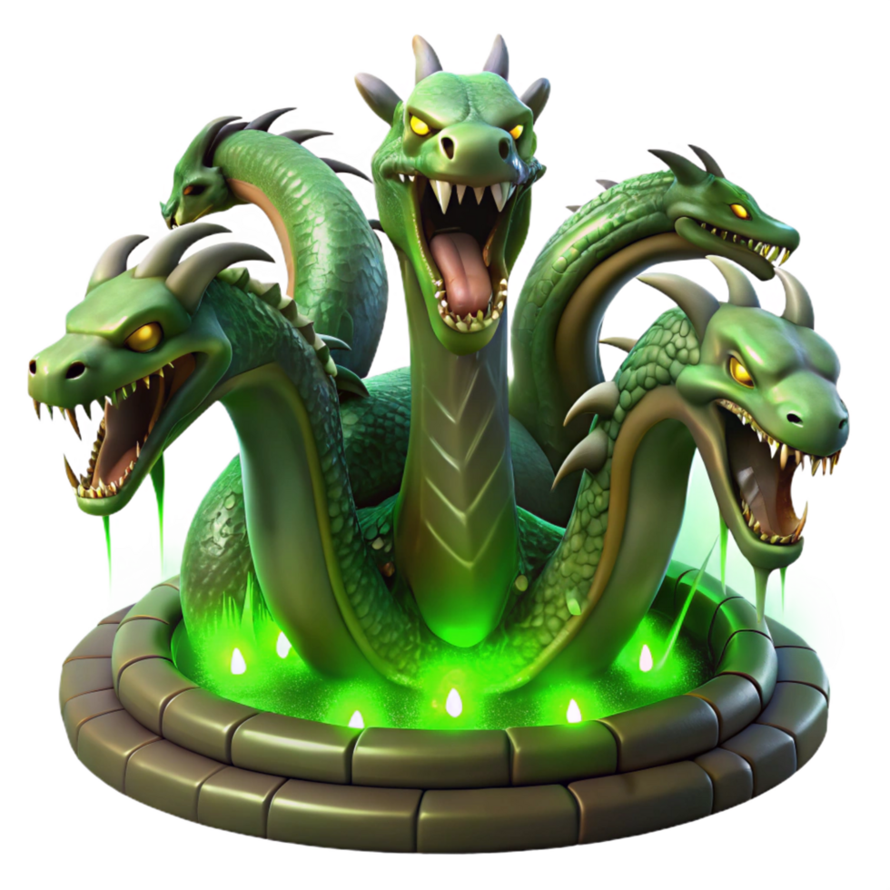 beautiful dramatic industrial A fearsome hydra, its multiple heads hissing, emerging from a dark swamp, lit by eerie green light. Fantasy art style 8K png